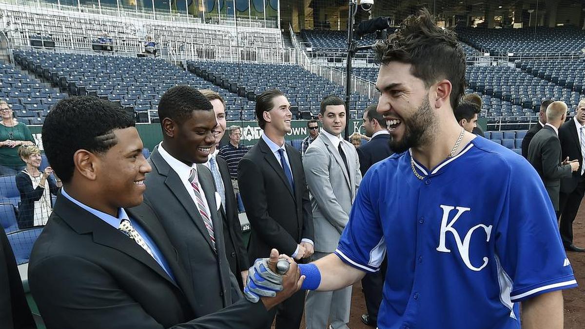 Catcher Meibrys Viloria, who is the Royals’ 17th-ranked prospect, had just finished his first season with the organization when he shook hands with first baseman Eric Hosmer on Sept. 19, 2014, at Kauffman Stadium.