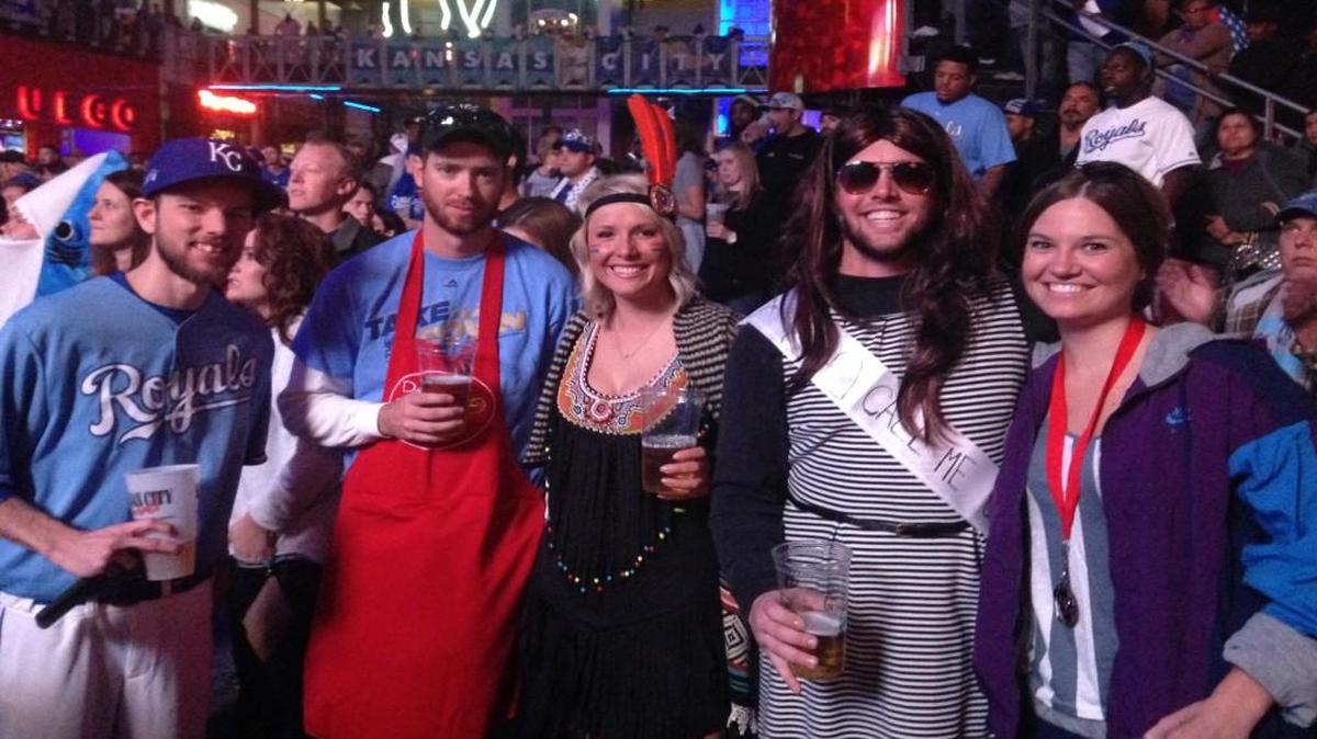 Friends from Oskaloosa, Kan., enjoyed both the World Series and Halloween at the Power & Light District. From left, Tyler Dalton, Brady Church, Kristin and Derek Brey, and Devin Gigstad.