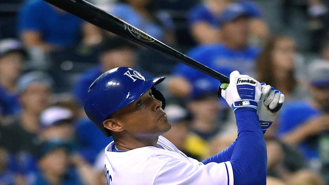 
The Royals' Alex Rios follows through on a single in the fourth inning during Friday's baseball game against the Blue Jays at Kauffman Stadium.

