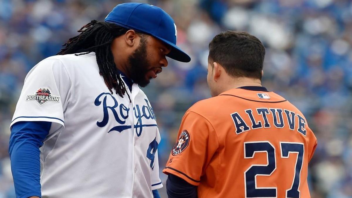 
Kansas City Royals starting pitcher Johnny Cueto (left) stopped to talk to Houston Astros second baseman Jose Altuve as the teams switched places in the middle of the fourth inning during Friday's ALDS baseball game on October 9, 2015 at Kauffman Stadium in Kansas City, Mo.
