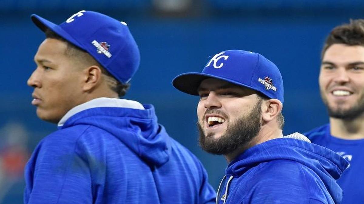 
The Royals’ Mike Moustakas (center), Salvador Perez and Eric Hosmer were on the field for a workout Sunday at Rogers Centre in Toronto.
