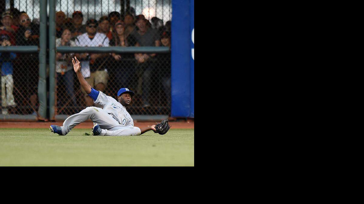 
The Royals’ Lorenzo Cain made a sliding catch in the second inning in game three of the World Series on Friday, October 24 in San Francisco.
