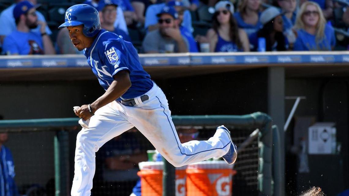 Kansas City Royals’ pinch runner Terrance Gore heads home on a sacrifice fly during a 2017 spring training game.