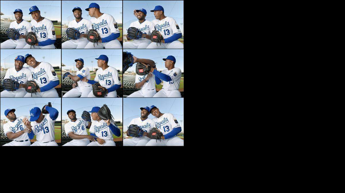 
Kanas City Royals players Lorenzo Cain and Salvador Perez traveled together through the line of photographers having their own type of fun at photo day, before Friday's spring training workout for the Royals on February 27, 2015 in Surprise, Ariz.
