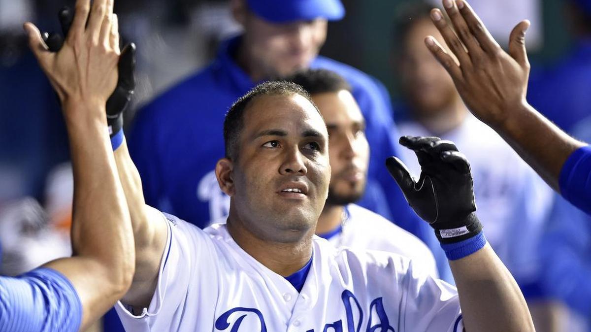 Kansas City Royals designated hitter Kendrys Morales is congratulated after his sixth inning solo home run against the Minnesota Twins April 9 at Kauffman Stadium in Kansas City, Mo.
