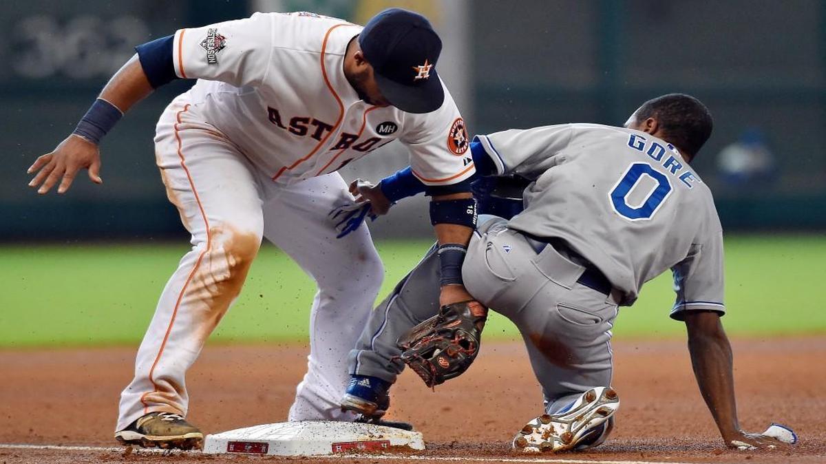 
Terrance Gore’s foot came off third base while Houston Astros third baseman Luis Valbuena tagged him during an attempted steal in the seventh inning of Game 4 of the ALDS.
