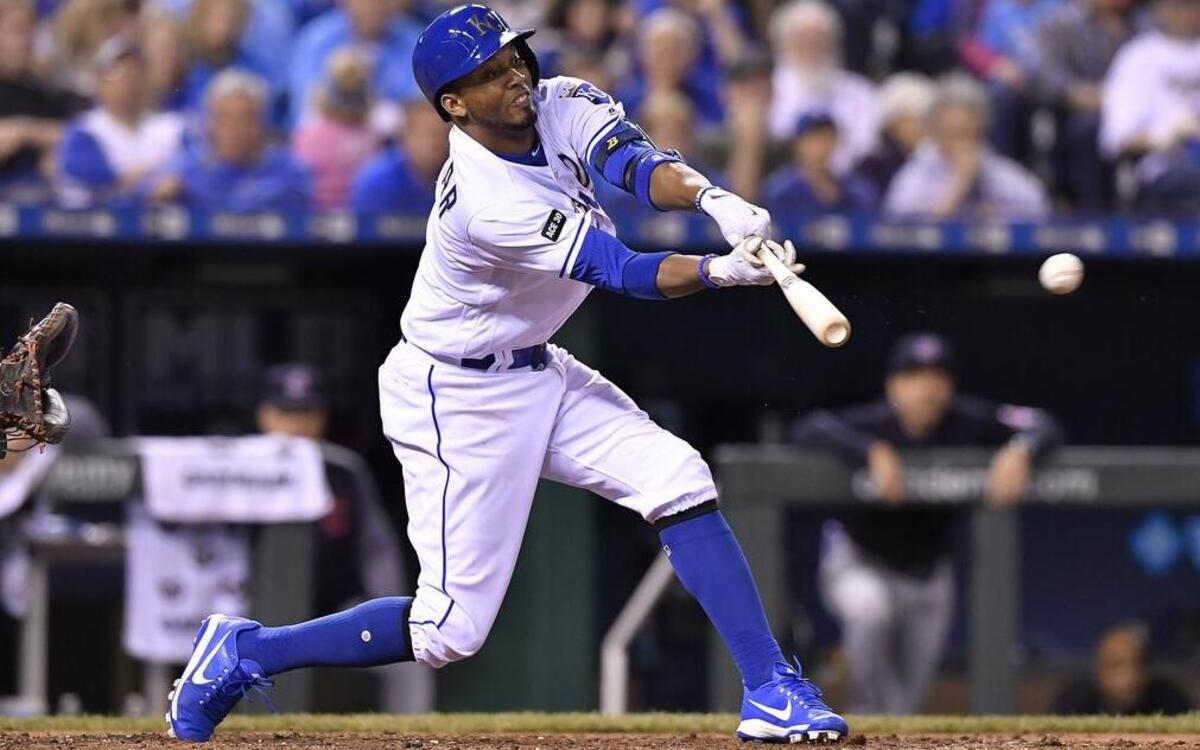 Kansas City Royals' Alcides Escobar connected on an RBI double to score Jorge Bonifacio in the sixth inning of Friday's baseball game against the Cleveland Indians at Kauffman Stadium in Kansas City, Mo.