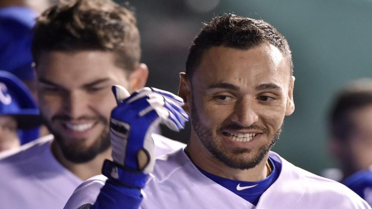 Kansas City Royals' Paulo Orlando celebrated his eighth inning two run home run during Tuesday's baseball game against the Boston Red Sox on May 17, 2016 at Kauffman Stadium in Kansas City, Mo.