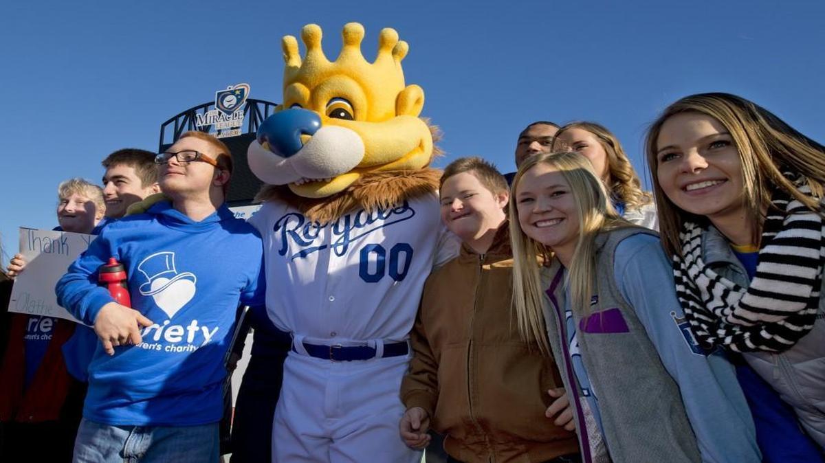 Royals mascot Sluggerrr posed with fans before the groundbreaking for a Variety Kansas City “inclusive playground” on Dec. 5 in Olathe.