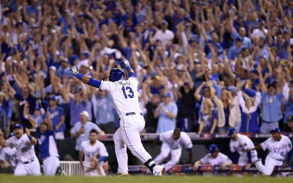 
In one of the more iconic moments of the Royals’ 2014 postseason run, fans packing Kauffman Stadium celebrated along with catcher Salvador Perez after he connected for a walk-off single in the 12th inning of the club’s Sept. 30 victory over the Oakland Athletics in the American League Wild Card Game.
