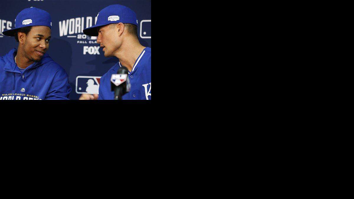 
Kansas City Royals Yordano Ventura, left, and his translator, Jeremy Guthrie, spoke at a news conference before Game 1 of baseball's World Series against the San Francisco Giants on Tuesday in Kansas City.

