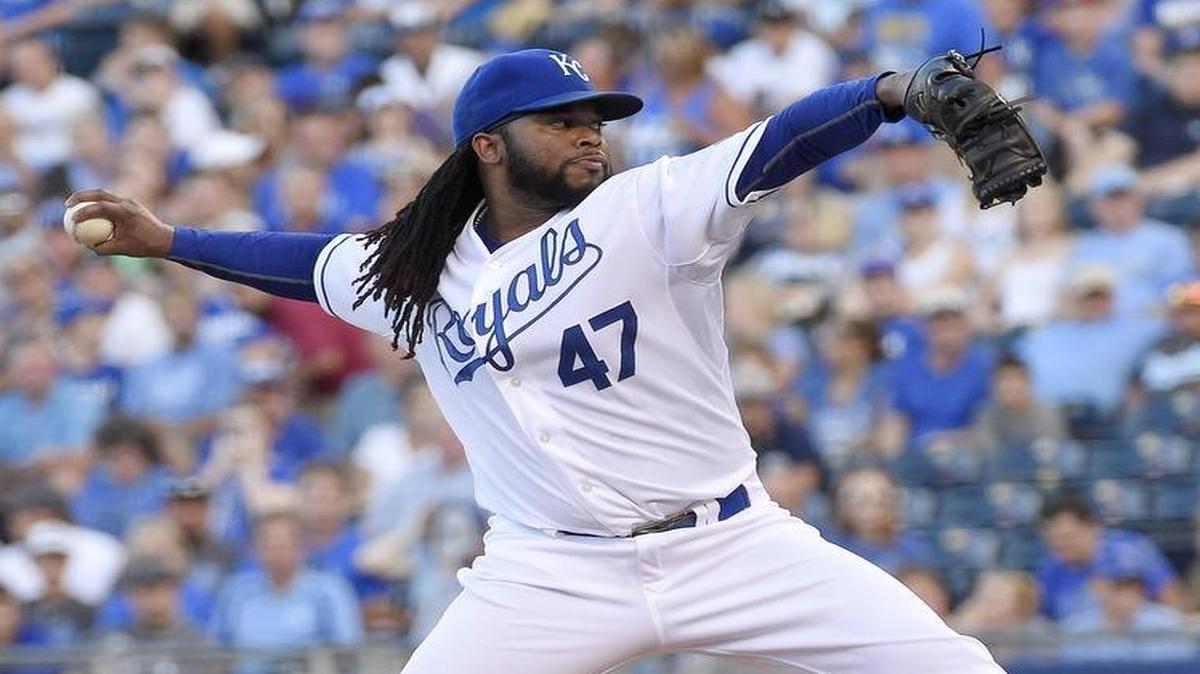
Royals starting pitcher Johnny Cueto throws in the first inning during Monday's baseball game against the Tigers at Kauffman Stadium.
