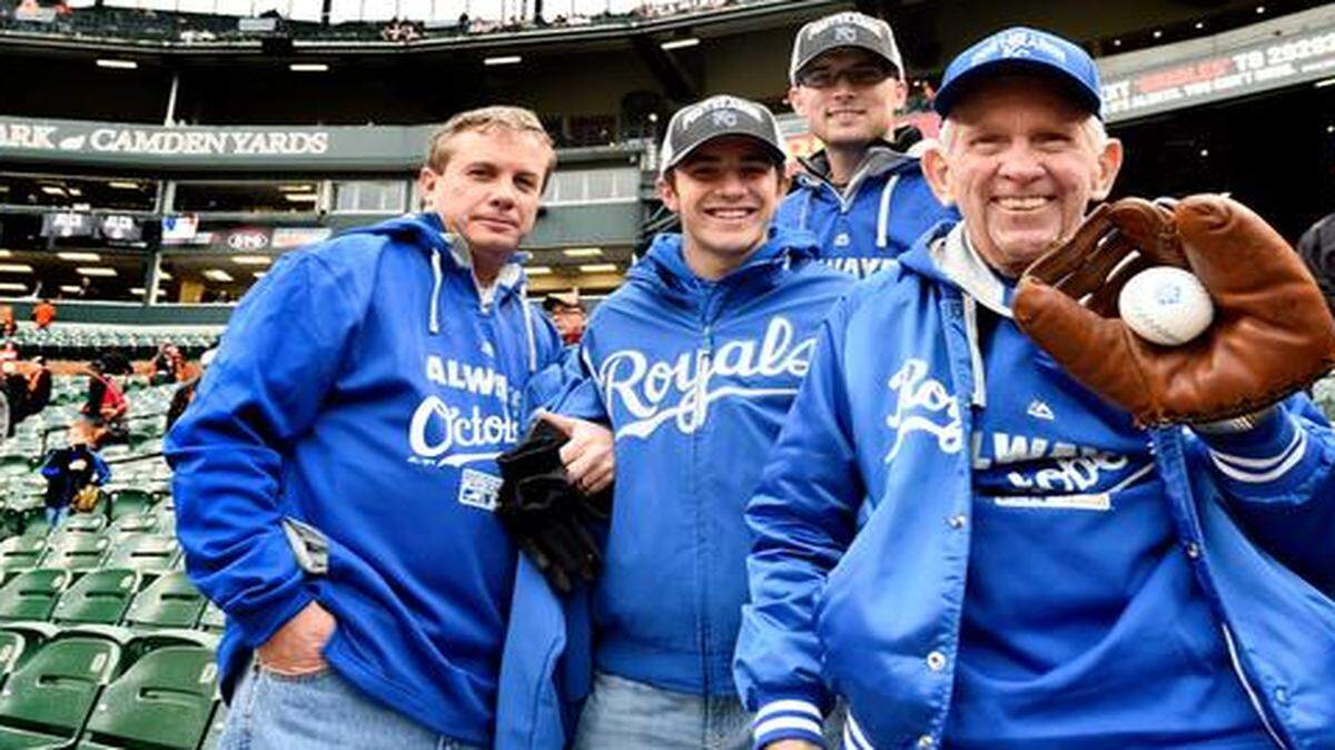 
Jim Spalding 79, hasn’t let a diagnosis of bone marrow cancer get in the way of his support for the Royals. On Saturday in Baltimore, Spalding (right), his son, Randy (from left), grandson Dustin and grandson-in-law Josh Gibbs watched the Royals play in game two of the American League Championship Series against the Orioles.
