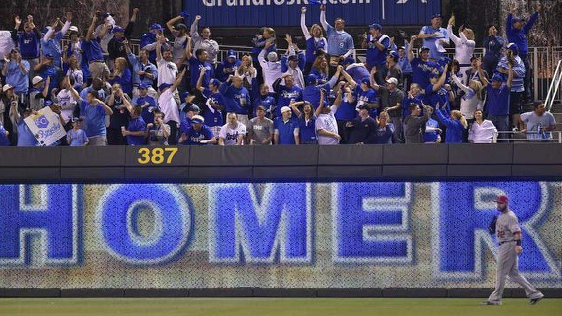 
The Kauffman Stadium crowd went wild after Royals first baseman Eric Hosmer hit a two-run home run in the third inning at Sunday’s game against the Angels at Kauffman Stadium. Angels left fielder Josh Hamilton could only watch. So did the crowd — but much more happily.
