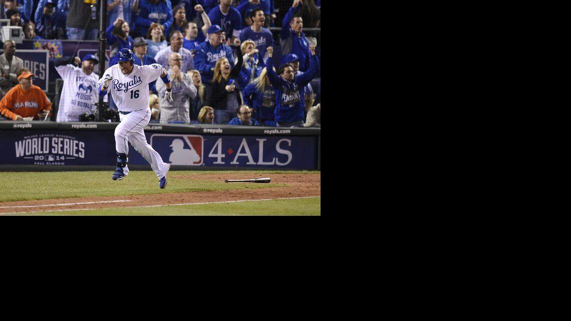 Kansas City Royals designated hitter Billy Butler hit an RBI single to score Lorenzo Cain during the sixth inning against the San Francisco Giants in game two of the World Series on Wednesday, October 22, 2014 at Kauffman Stadium in Kansas City, Mo.