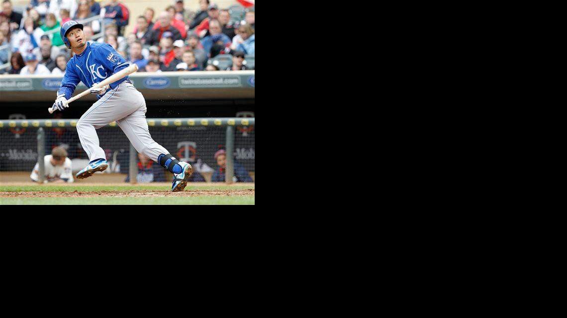 
The Royals' Nori Aoki watched as his bunt attempt flew foul in an early season game against the Minnesota Twins in Minneapolis

