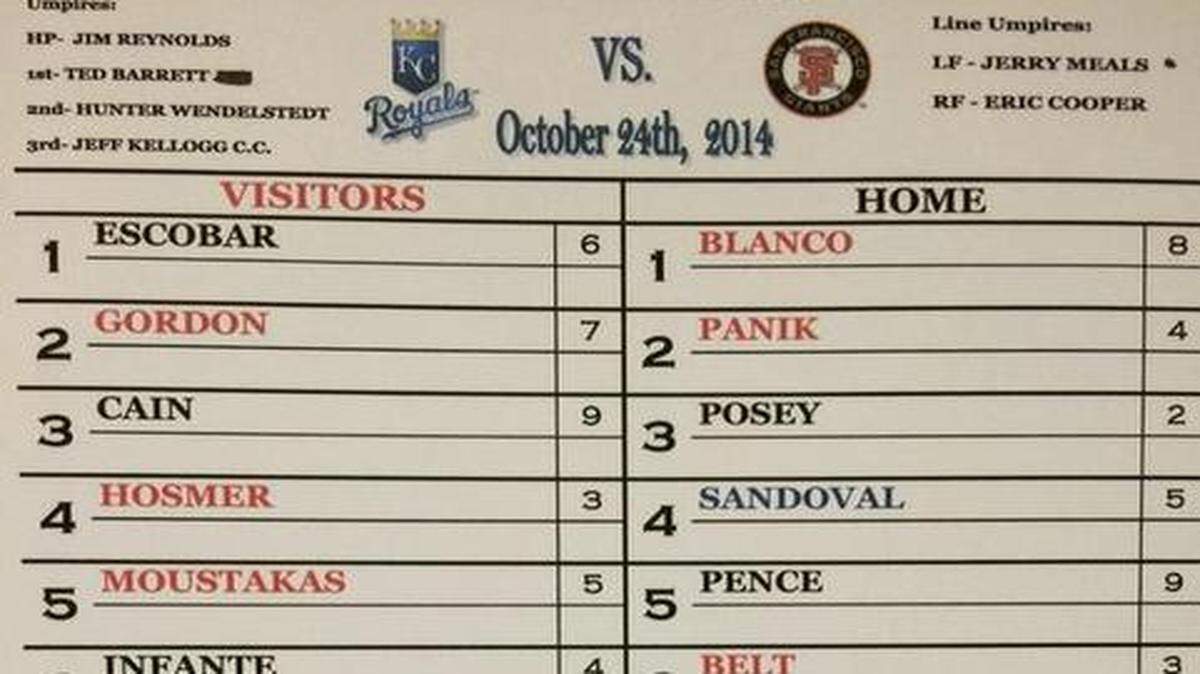 
Ned Yost’s lineup card for World Series Game 3 in San Francisco
