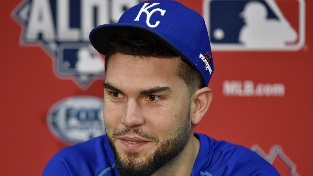 
Kansas City Royals first baseman Eric Hosmer answered questions during a press conference before Thursday's ALDS baseball game on October 9, 2015 at Kauffman Stadium in Kansas City, Mo.
