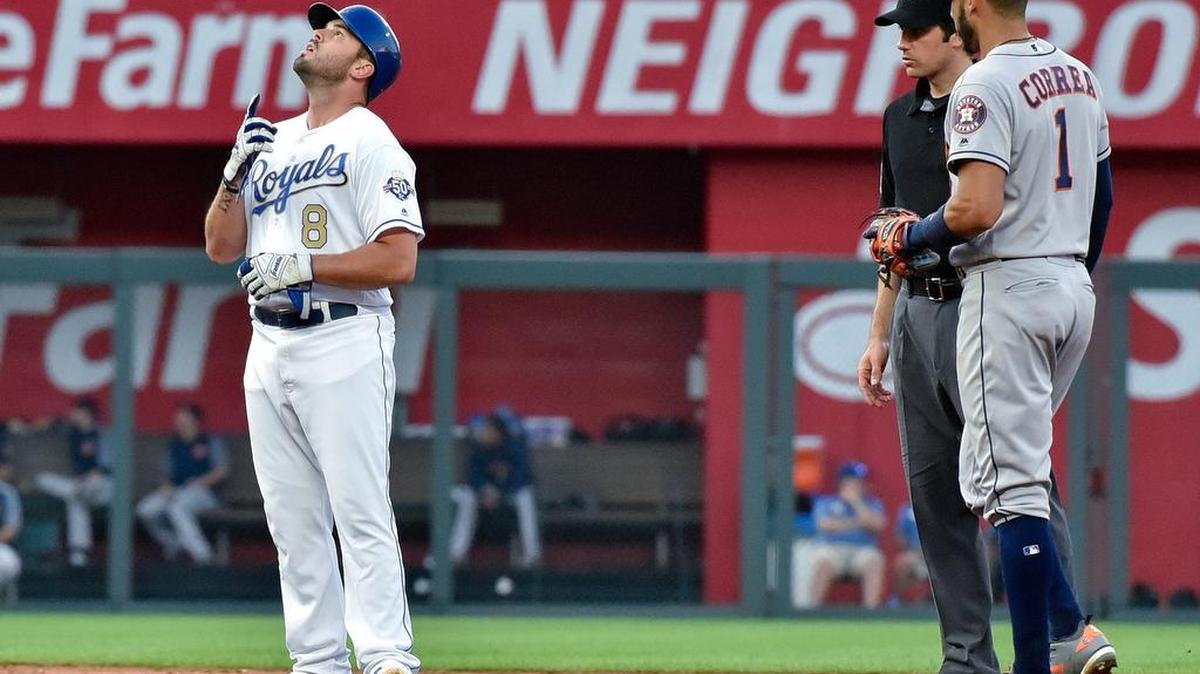 Kansas City Royals' Mike Moustakas gives thanks for his two run double in the third inning during Friday's baseball game against the Houston Astros on June 15, 2018, at Kauffman Stadium in Kansas City, Mo.