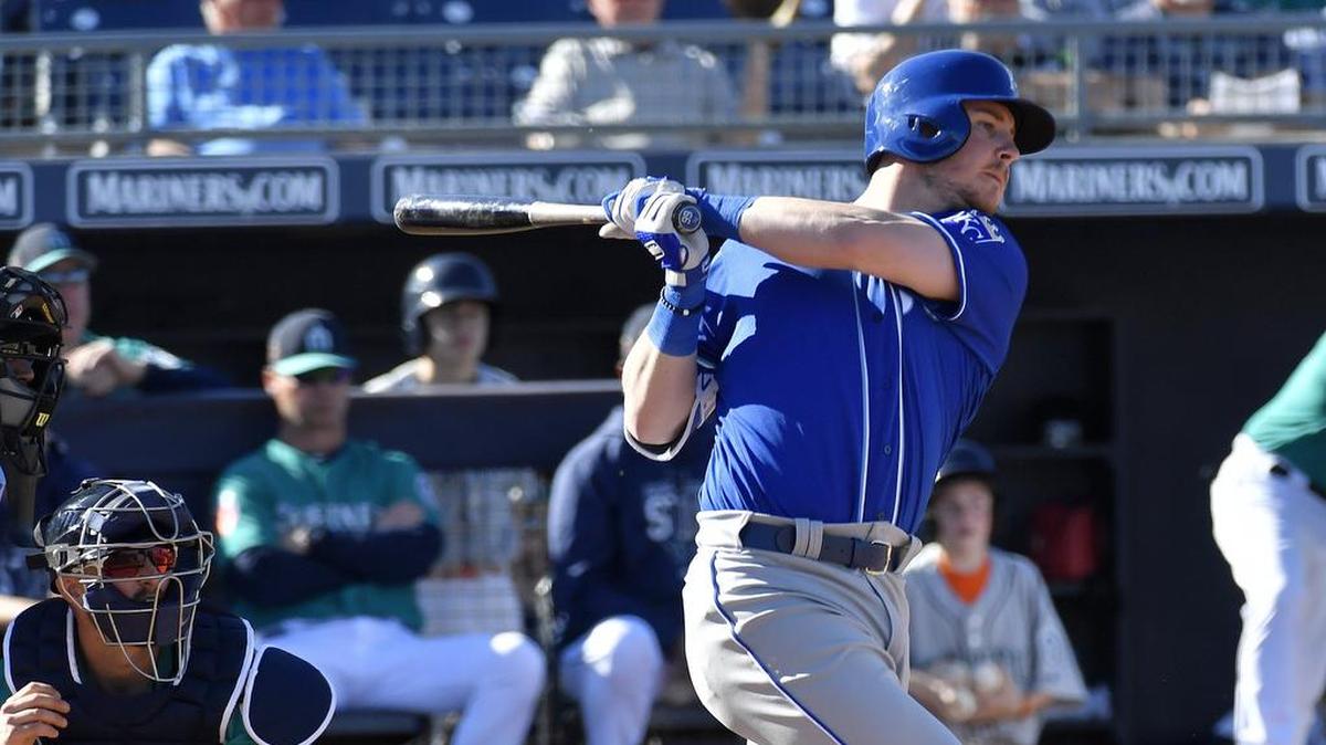 Kansas City Royals’ Ryan O’Hearn connects on a single to score Terrance Gore in the ninth inning during Thursday’s spring training baseball game against the Seattle Mariners on March 1, 2018 in Peoria, Arizona.