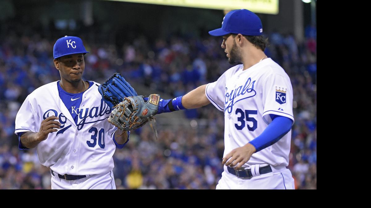 
Royals starting pitcher Yordano Ventura and first baseman Eric Hosmer celebrated after Ventura threw the Cincinnati Reds' Todd Frazier out trying to steal second to end the top of the fourth inning on May 19 at Kauffman Stadium.
