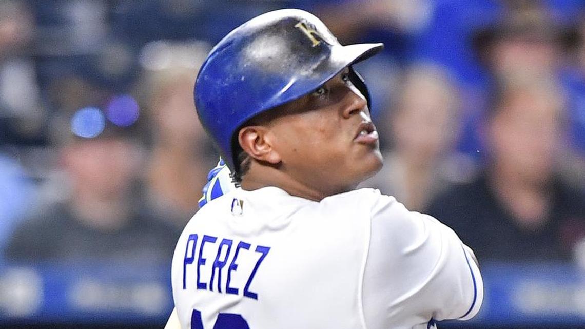 Kansas City Royals’ Salvador Perez follows through on a single in the third inning during Tuesday’s baseball game against the Detroit Tigers on August 28, 2018 at Kauffman Stadium in Kansas City, Mo.