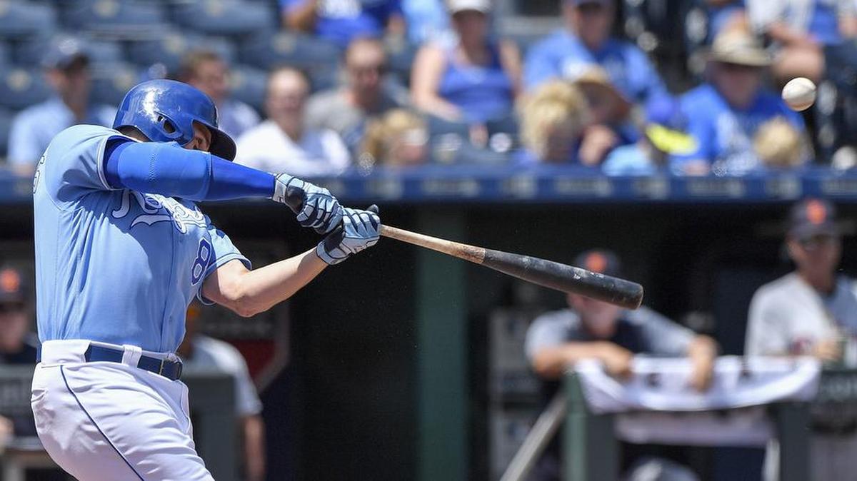 Kansas City Royals’ Mike Moustakas connects on a single in the first inning during Wednesday’s baseball game against the Detroit Tigers on July 25, 2018 at Kauffman Stadium in Kansas City, Mo.