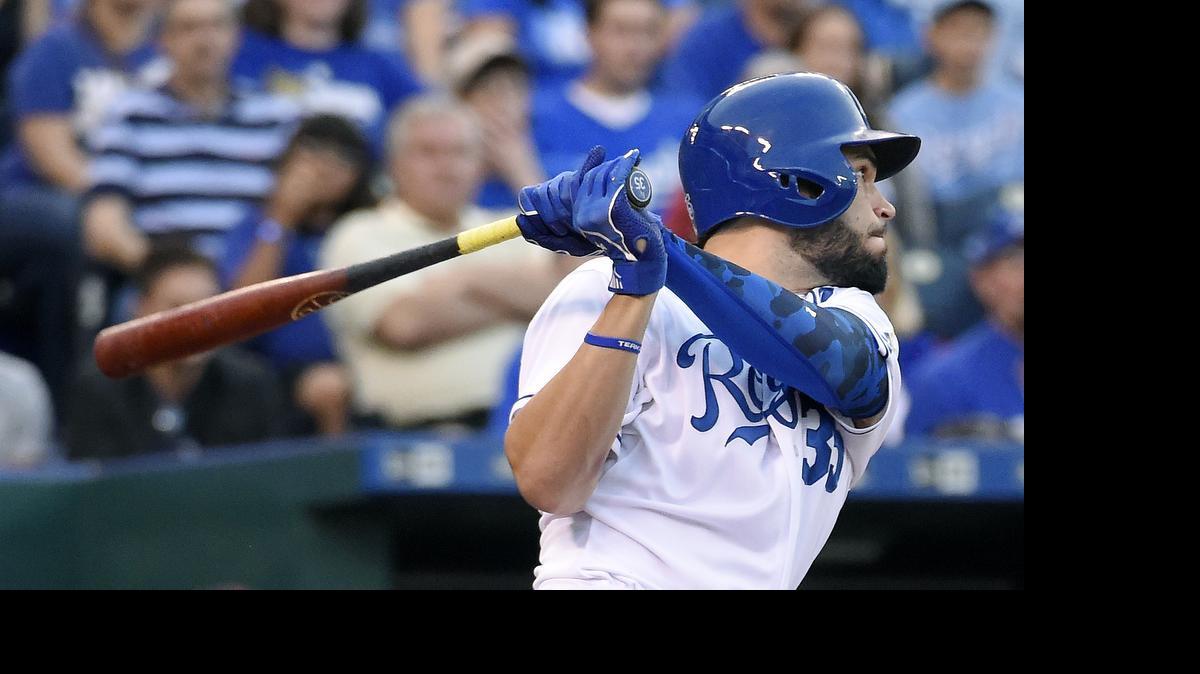 
Kansas City Royals' Eric Hosmer (35) follows through on an RBI double that scored Lorenzo Cain in the third inning during Wednesday's baseball game against the Cleveland Indians on June 3, 2015 at Kauffman Stadium in Kansas City, Mo.
