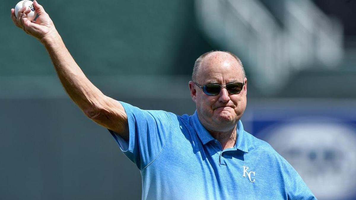 Mike Swanson, Kansas City Royals Vice President of Communications and Broadcasting, throws out the first pitch before Sunday’s baseball game against the Baltimore Orioles on September 2, 2018 at Kauffman Stadium in Kansas City, Mo.