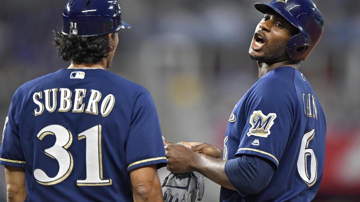Milwaukee Brewers' Lorenzo Cain yells to the Kansas City Royals dugout after walking in the third inning during Tuesday's baseball game on April 24, 2018, at Kauffman Stadium in Kansas City, Mo.