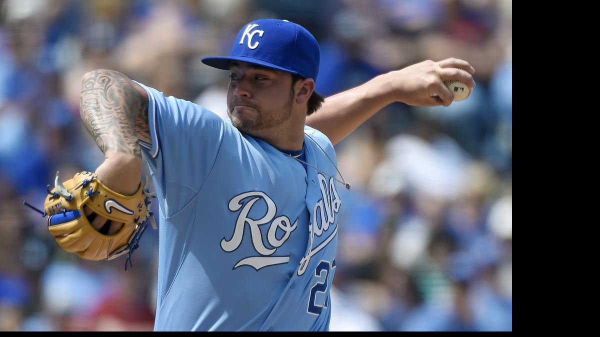
Kansas City Royals relief pitcher Brandon Finnegan (27) throws in the seventh inning during Sunday's baseball game against the Detroit Tigers on May 3, 2015 at Kauffman Stadium in Kansas City, Mo.
