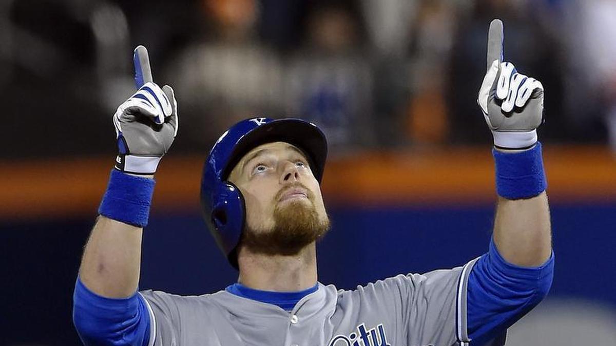 Kansas City Royals second baseman Ben Zobrist celebrates after hitting a double in the first inning during Game 3 of the 2015 World Series at Citi Field in New York.