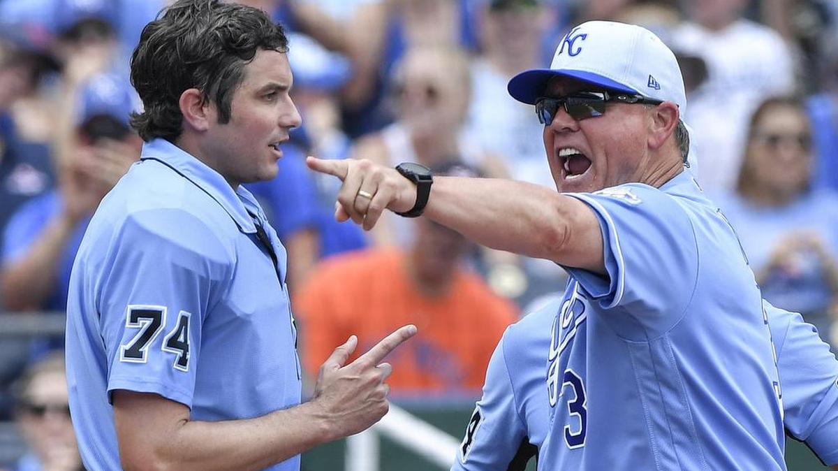 Royals manager Ned Yost argues with home plate umpire John Tumpane after KC third baseman Mike Moustakas was tossed from a June game against Houston.