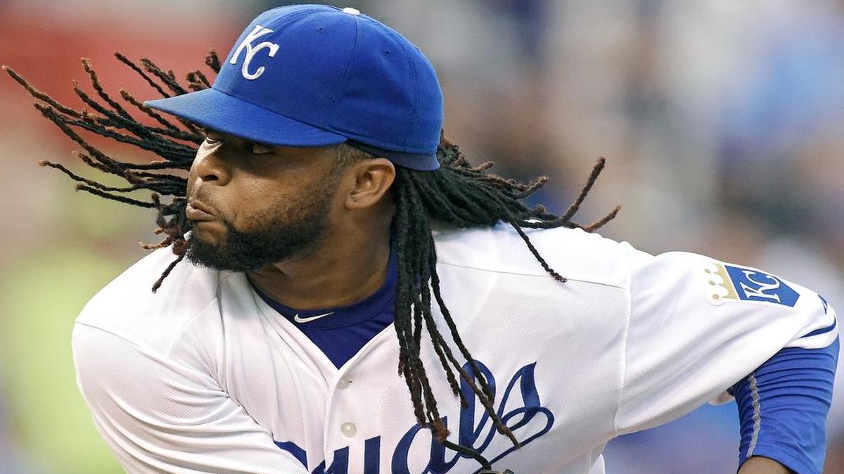 
Kansas City Royals starting pitcher Johnny Cueto (47) throws in the second inning during Wednesday's baseball game against the Baltimore Orioles on August 26, 2015 at Kauffman Stadium in Kansas City, Mo.
