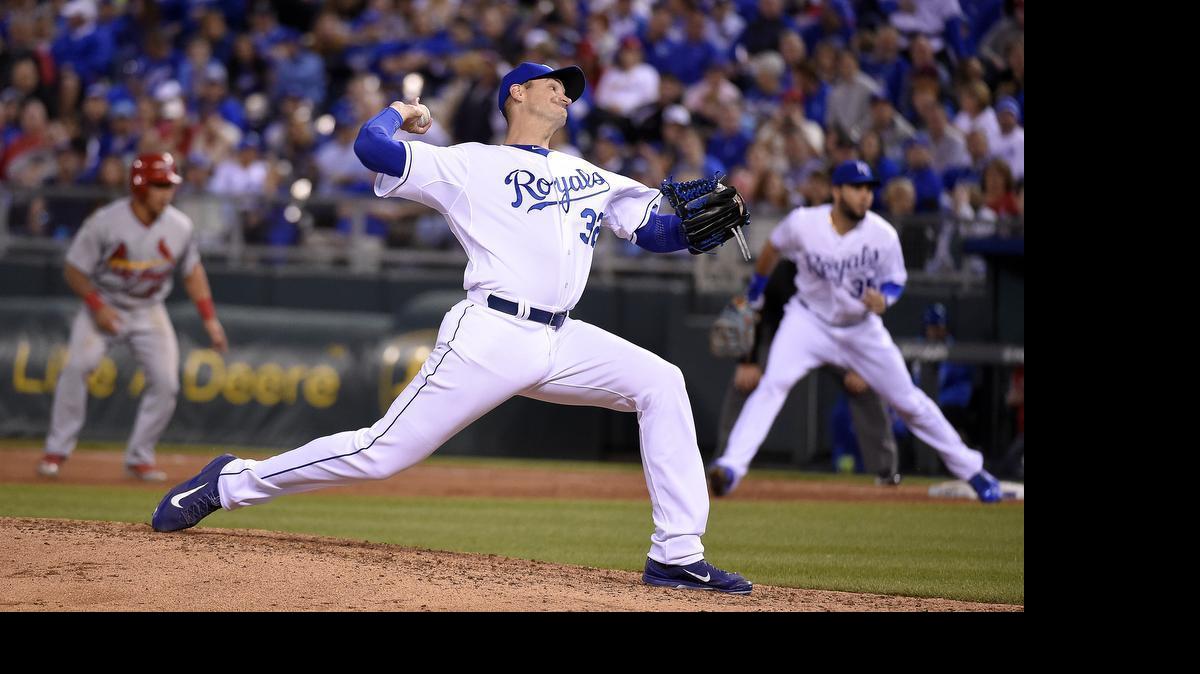
Kansas City Royals relief pitcher Chris Young (32) throws in the fifth inning during Friday's baseball game against the St. Louis Cardinals on May 22, 2015 at Kauffman Stadium in Kansas City, Mo.
