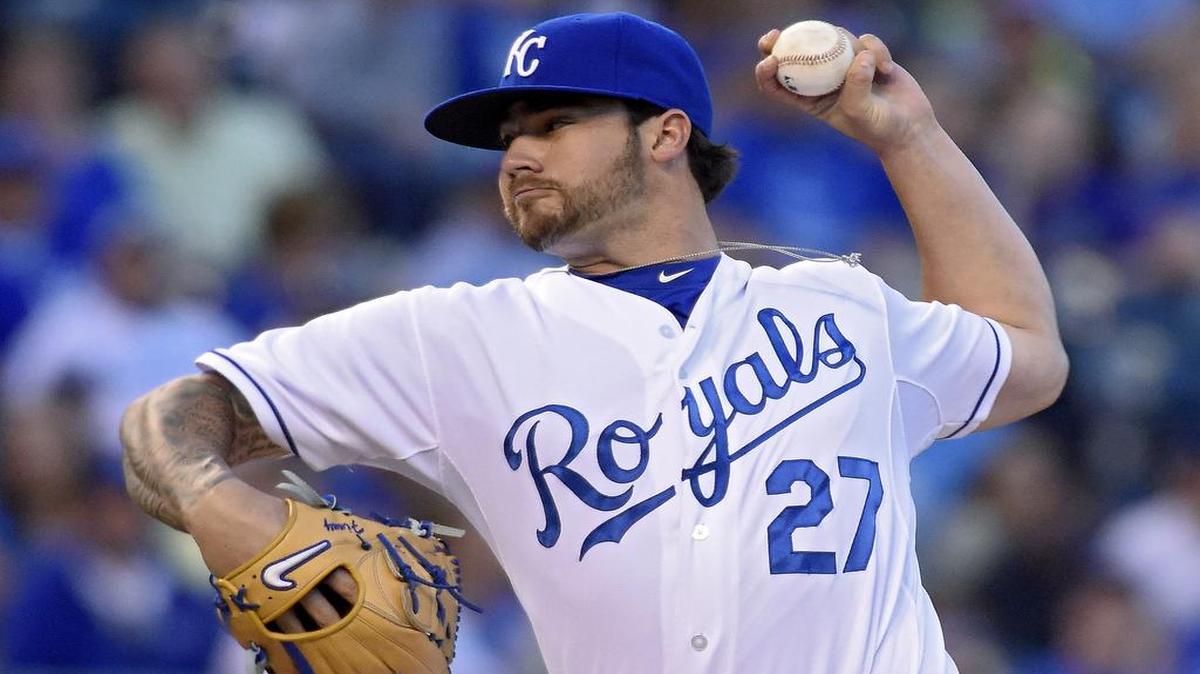 
Kansas City Royals relief pitcher Brandon Finnegan (27) throws in the second inning during Wednesday's baseball game against the Cleveland Indians on May 6, 2015 at Kauffman Stadium in Kansas City, Mo.
