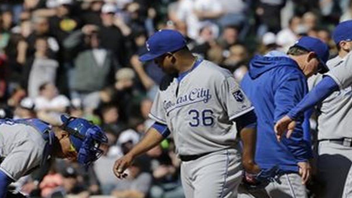 Royals starting pitcher Edinson Volquez was taken out of the game during the sixth inning Sunday against the White Sox in Chicago.