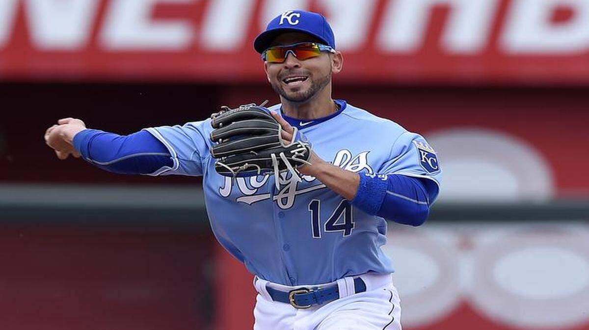 Royals second baseman Omar Infante forced out the A's Ben Zobrist at second and completed the double play on Billy Butler to end the top of the fifth inning on April 19 at Kauffman Stadium.
