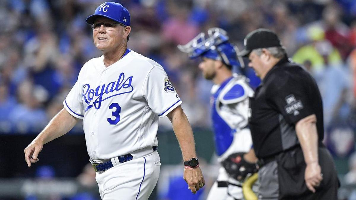 Kansas City Royals manager Ned Yost smiles while walking off the field after leaving starting pitcher Heath Fillmyer in the game against the Chicago Cubs in the seventh inning on Wednesday August 8, 2018 at Kauffman Stadium in Kansas City, Mo.