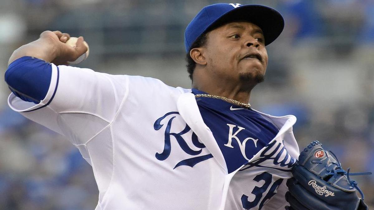 
Kansas City Royals starting pitcher Edinson Volquez (36) throws during Thursday's baseball game against the Detroit Tigers on September 3, 2015 at Kauffman Stadium in Kansas City, Mo.
