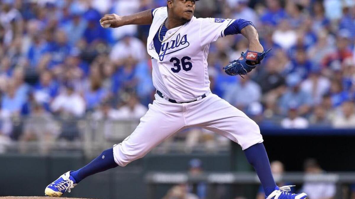 Kansas City Royals starting pitcher Edinson Volquez throws in the first inning during Tuesday's baseball game against the New York Yankees on August 30, 2016 at Kauffman Stadium in Kansas City, Mo.
