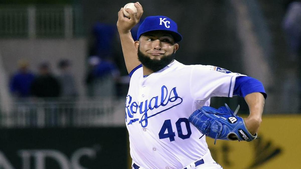
Kansas City Royals relief pitcher Kelvin Herrera (40) throws during Wednesday's baseball game against the Cleveland Indians on May 6, 2015 at Kauffman Stadium in Kansas City, Mo.
