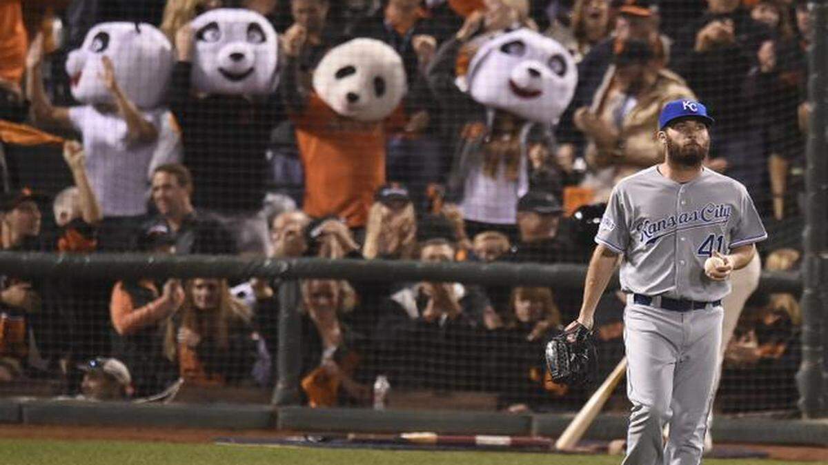 
Kansas City Royals starting pitcher Danny Duffy reacted after San Francisco Giants third baseman Pablo Sandoval hit the ball in the fifth inning in game four of the World Series on Saturday, October 25, 2014 at AT&T Park in San Francisco, Calif.
