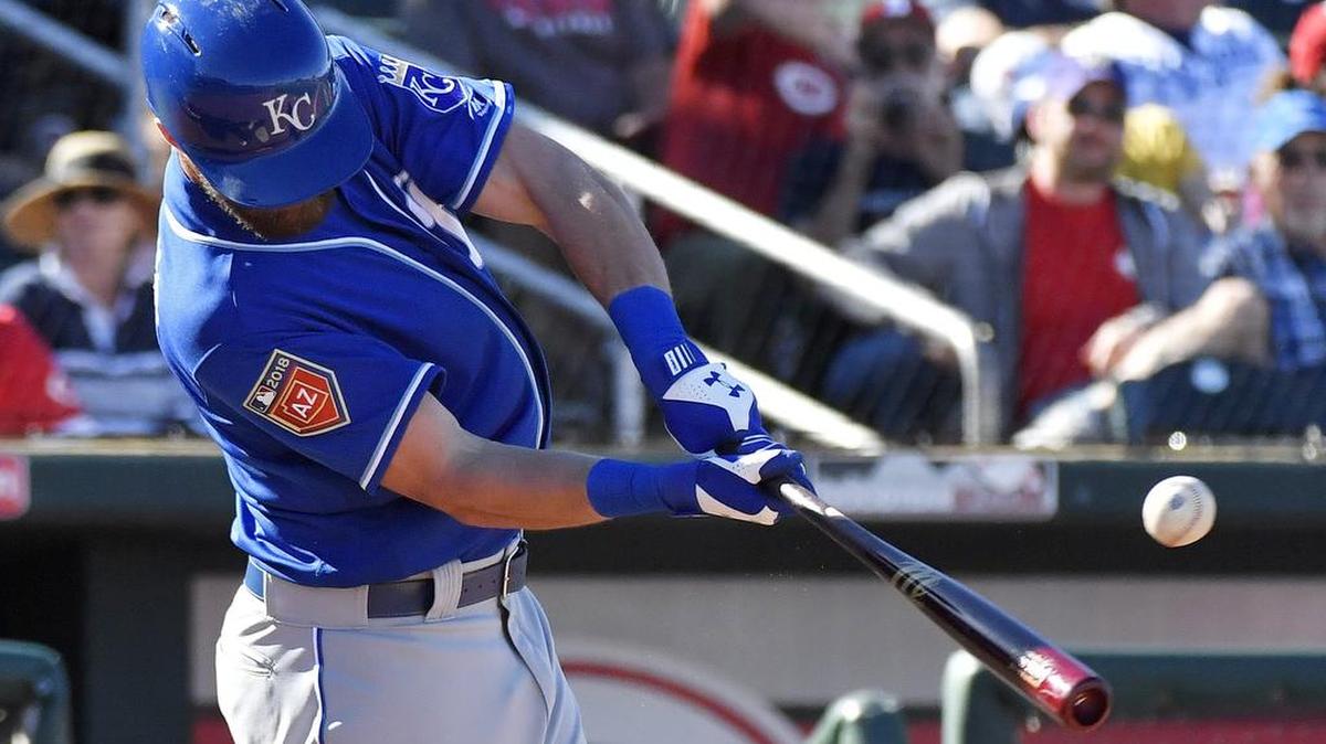 Kansas City Royals' Bubba Starling connects on a single in the eighth inning during Sunday's spring training baseball game against the Cincinnati Reds on March 4, 2018 in Goodyear, Arizona.