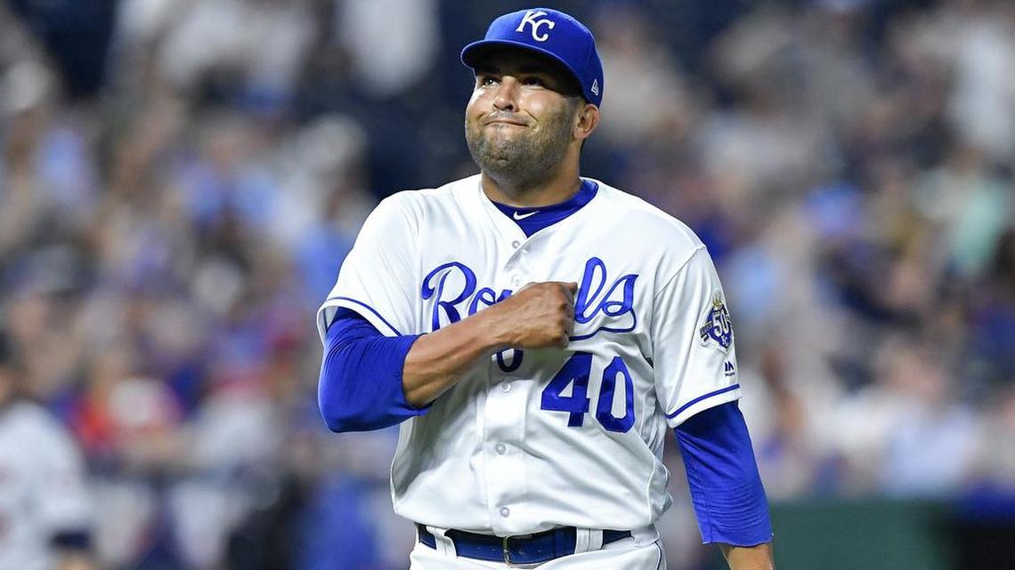 Kansas City Royals relief pitcher Kelvin Herrera pumps his chest after getting Minnesota Twins’ Brian Dozier to hit a fly ball out to end the top of the ninth inning during Tuesday’s baseball game on May 29, 2018, at Kauffman Stadium in Kansas City, Mo.