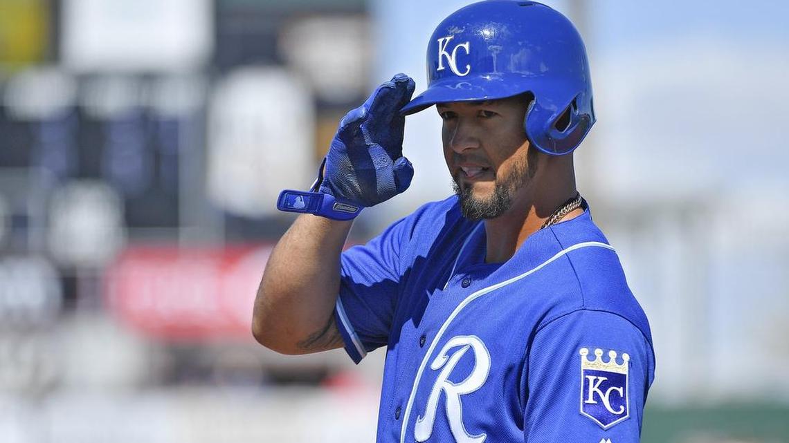 Kansas City Royals' Cheslor Cuthbert signals to the dugout after his RBI single scored Jorge Soler in the first inning during Sunday's spring training baseball game against the Cincinnati Reds on March 4, 2018 in Goodyear, Arizona.