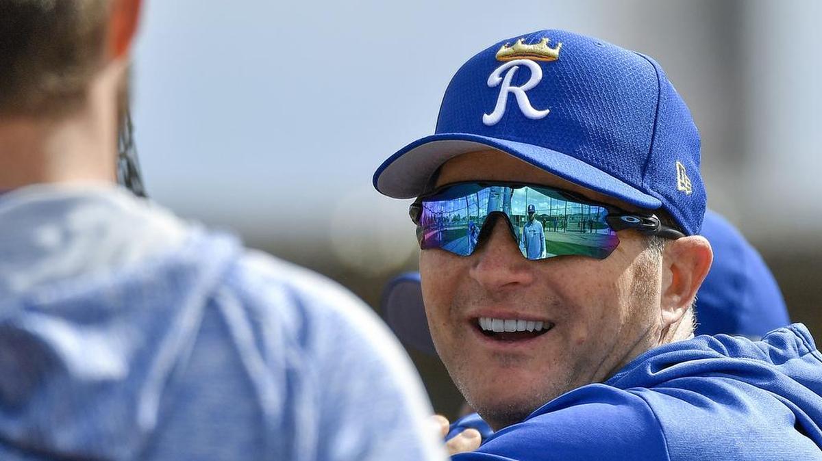 Kansas City Royals Mike Sweeney talks with outfielder Bubba Starling on Monday, February 18, 2019 in Surprise, AZ.