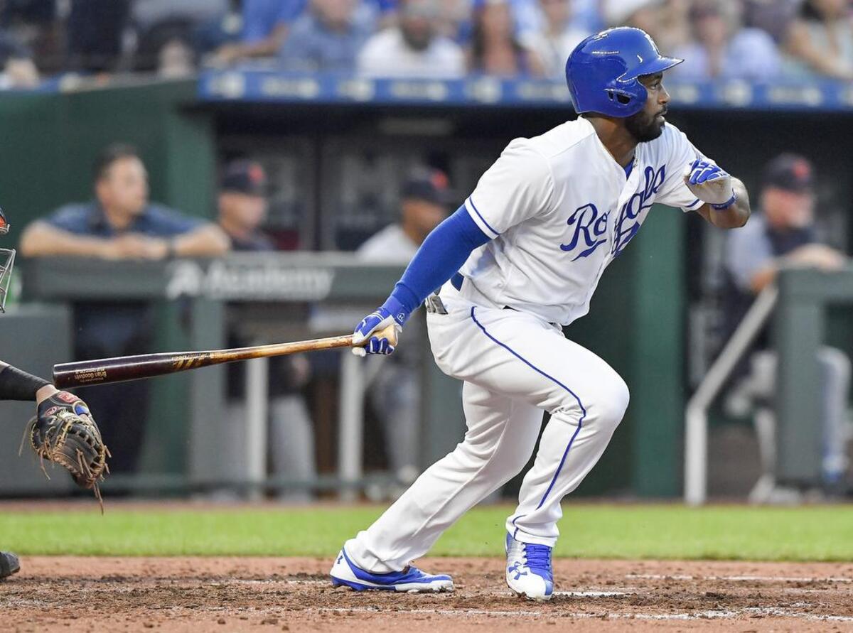 Kansas City Royals’ Brian Goodwin follows through on a single in the fourth inning during Tuesday’s baseball game against the Detroit Tigers on July 24, 2018 at Kauffman Stadium in Kansas City, Mo.