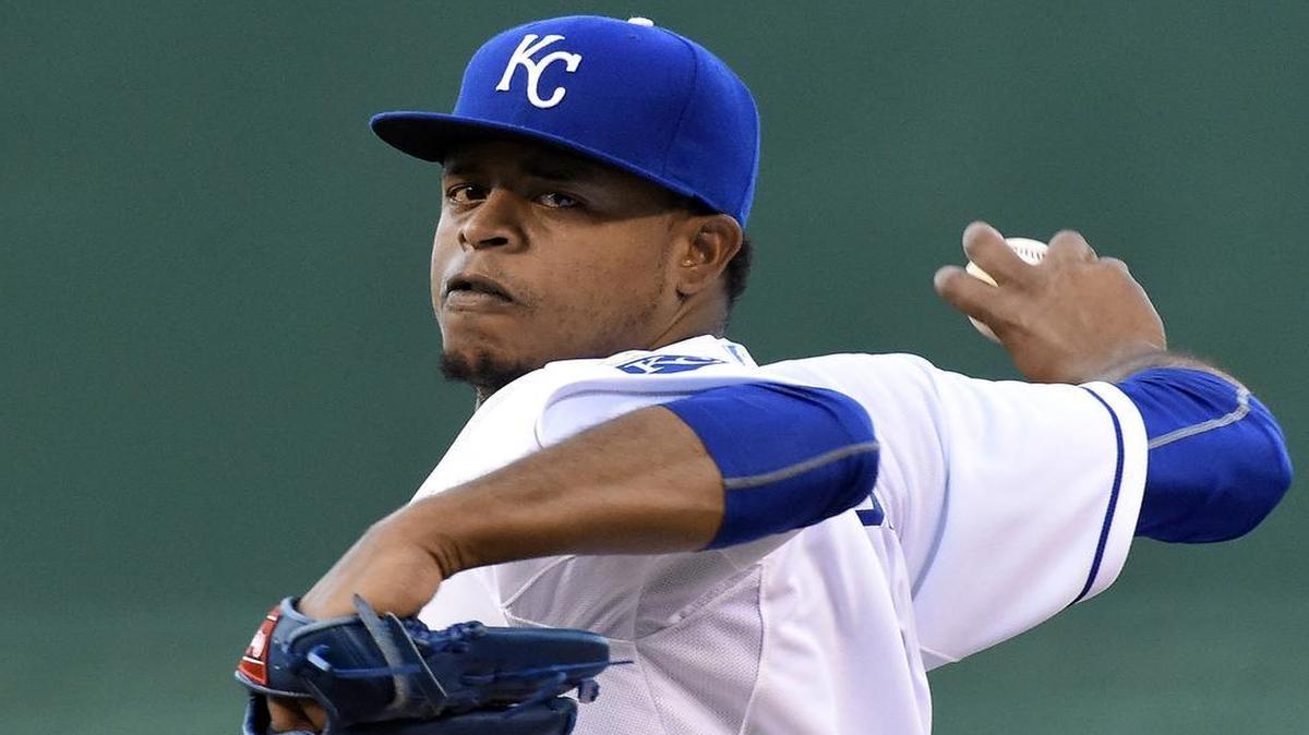 
Edinson Volquez (36) throws during Wednesday's baseball game against the Detroit Tigers on August 12, 2015 at Kauffman Stadium in Kansas City, Mo.
