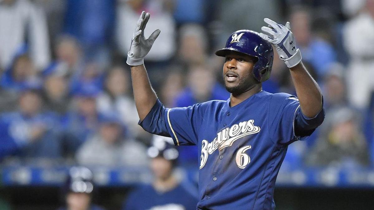 Milwaukee Brewers’ Lorenzo Cain celebrates his solo home run in the seventh inning during Tuesday’s baseball game against the Kansas City Royals on April 24, 2018, at Kauffman Stadium in Kansas City, Mo.